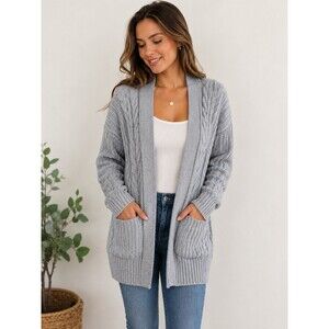 Lucky Brand Chunky Cable Knit Cardigan Sweater Gray Open Front Womens Small NWT